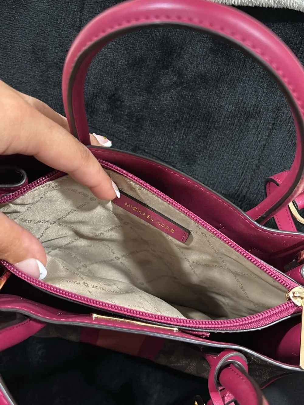 Michael Kors Brown Signature Satchel with Pink and Coral Stripes